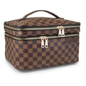 Double Layer Makeup Bag Organizer, PU Leather Exterior, Brown Checked Design.